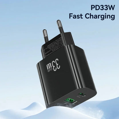 USAMS CC317 T65 33W Lynlader til iPhone 8-16-serien Dual Ports USB-A + USB-C GaN Strømadapter - EU Stik / Sort
