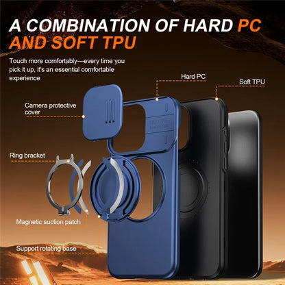 iPhone 15 Pro Max Magnetic Case Ring Kickstand Slide Camera Cover TPU PC Hybrid Phone Shell - Blue