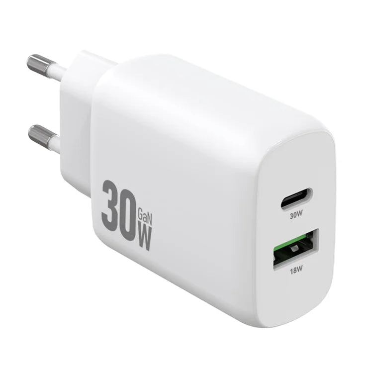 AMORUS PD 30W Type-C + QC 18W USB-A kaksiporttinen GaN-virtalähde, pikalatausseinälaturi puhelimelle ja tabletille – EU-pistoke
