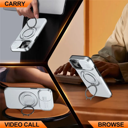 iPhone 15 Case Magnetic Case Ring Kickstand Slide Camera Cover TPU PC Hybrid Phone Shell - Silver