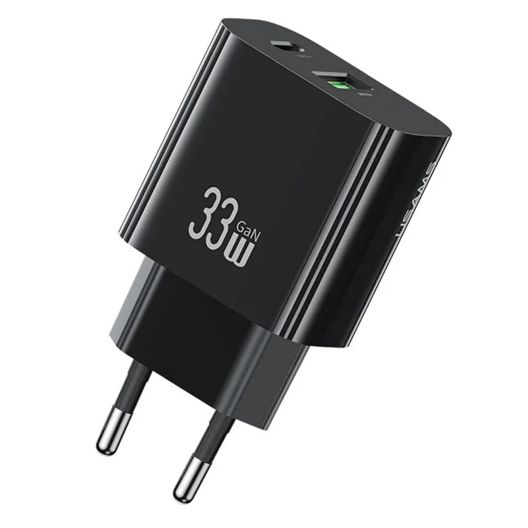 USAMS CC317 T65 33W Lynlader til iPhone 8-16-serien Dual Ports USB-A + USB-C GaN Strømadapter - EU Stik / Sort