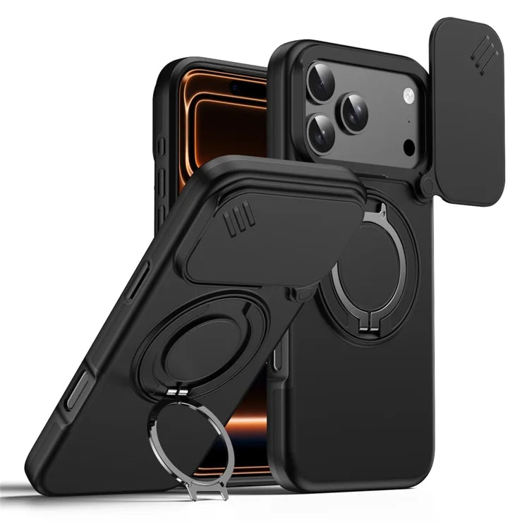 iPhone 17 Pro Magneettikotelo Sormusteline Liukuva Kamerasuojus TPU PC Hybrid-puhelinkuori - Musta