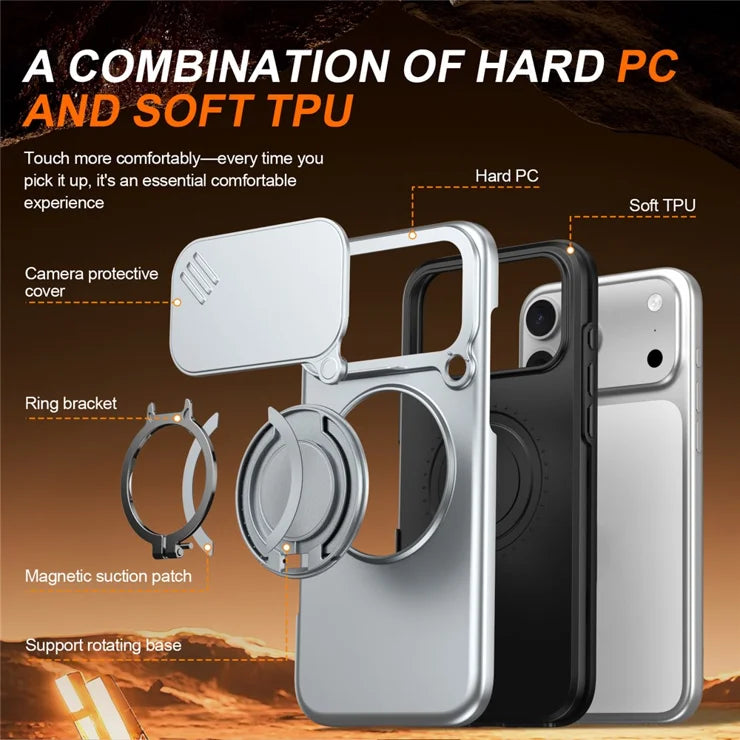 iPhone 17 Pro Magnetic Case Ring Kickstand Slide Camera Cover TPU PC Hybrid Phone Shell - Grey