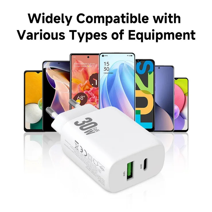AMORUS PD 30W Type-C + QC 18W USB-A kaksiporttinen GaN-virtalähde, pikalatausseinälaturi puhelimelle ja tabletille – EU-pistoke