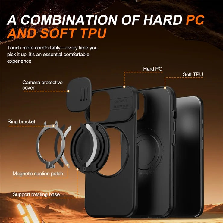 For iPhone 15 Case Magnetic Case Ring Kickstand Slide Camera Cover TPU PC Hybrid Phone Shell - Black