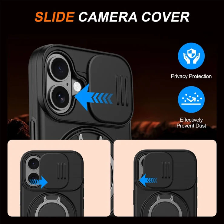 iPhone 17 Case Magnetic Case Ring Kickstand Slide Camera Cover TPU PC Hybrid Phone Shell - Black