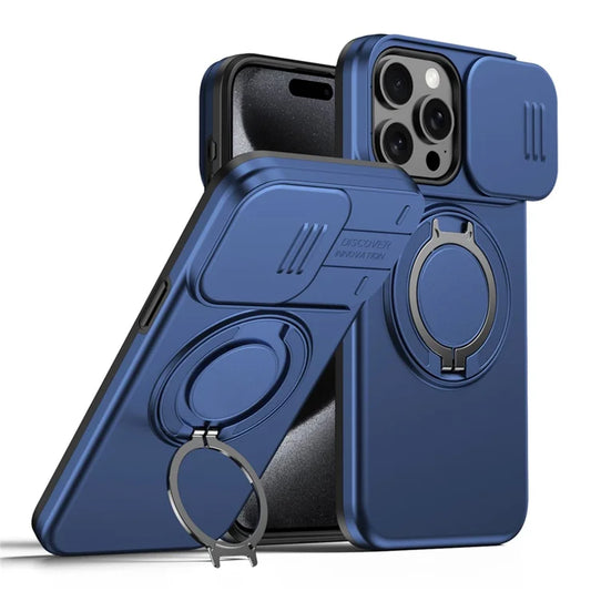 iPhone 15 Pro Case Magnetic Case Ring Kickstand Slide Camera Cover TPU PC Hybrid Phone Shell - Blue