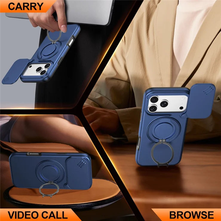 iPhone 17 Pro Max Magnetic Case Ring Kickstand Slide Camera Cover TPU PC Hybrid Phone Shell - Blue