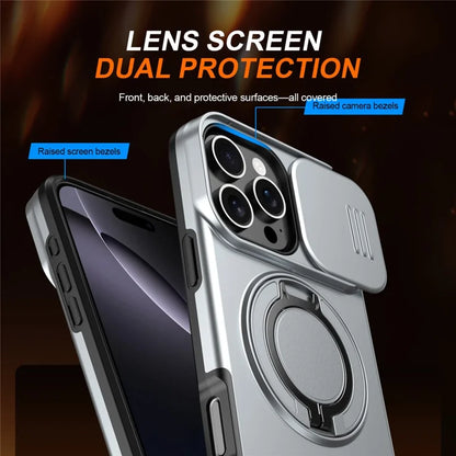 iPhone 16 Pro Cover Magnetisk Cover Ring Støtteben Skydbart Kameralåg TPU PC Hybrid Telefoncover - Sølv
