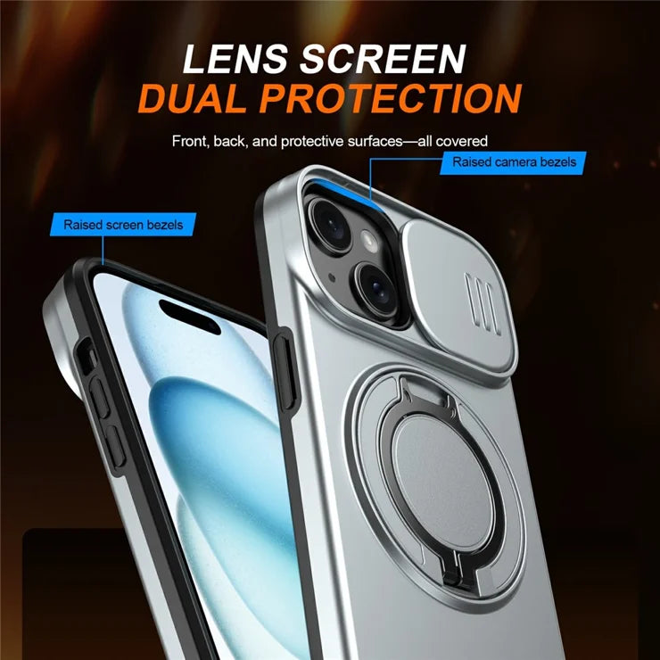 iPhone 15 Plus  /  14 Plus Ring Kickstand Slide Camera Cover TPU PC Hybrid Phone Shell - Grey