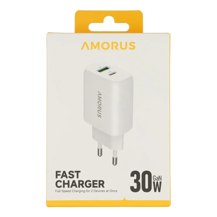 AMORUS PD 30W Type-C + QC 18W USB-A kaksiporttinen GaN-virtalähde, pikalatausseinälaturi puhelimelle ja tabletille – EU-pistoke