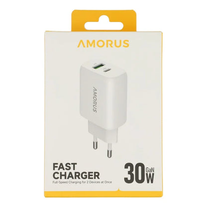 AMORUS PD 30W Type-C + QC 18W USB-A kaksiporttinen GaN-virtalähde, pikalatausseinälaturi puhelimelle ja tabletille – EU-pistoke