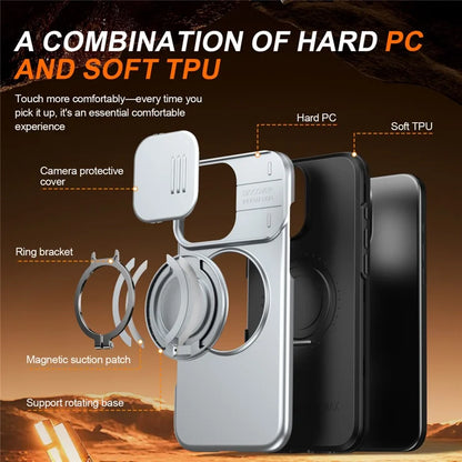iPhone 16 Pro Cover Magnetisk Cover Ring Støtteben Skydbart Kameralåg TPU PC Hybrid Telefoncover - Sølv