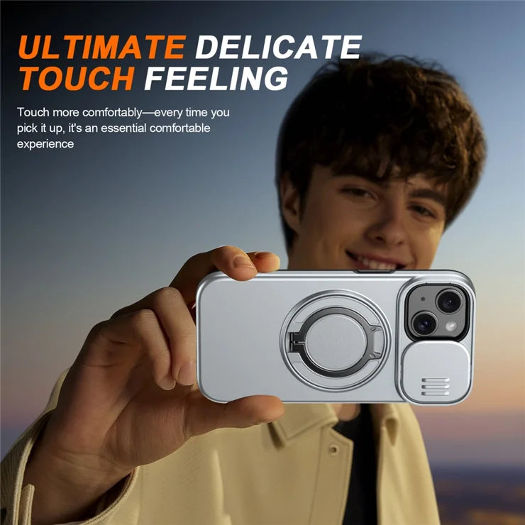 iPhone 15 Case Magnetic Case Ring Kickstand Slide Camera Cover TPU PC Hybrid Phone Shell - Silver