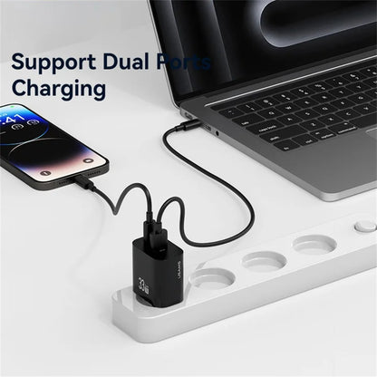USAMS CC317 T65 33W Lynlader til iPhone 8-16-serien Dual Ports USB-A + USB-C GaN Strømadapter - EU Stik / Sort