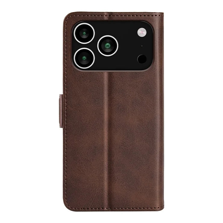 For iPhone 17 Pro Case Calf Texture Leather Wallet Phone Cover - Brown
