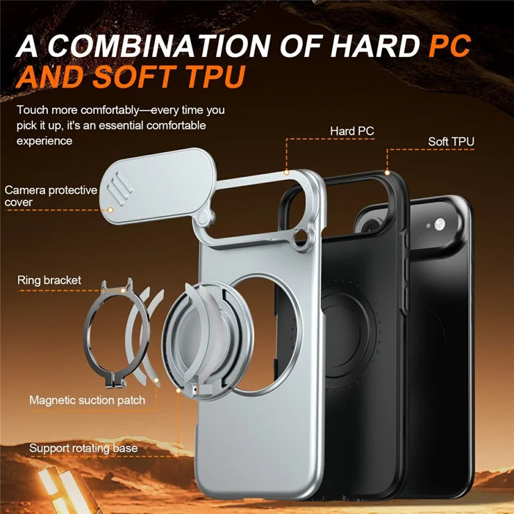 iPhone Air magnetisk cover ring kickstand skydbart kamera beskyttelsescover TPU PC hybridtelefoncover - Grå
