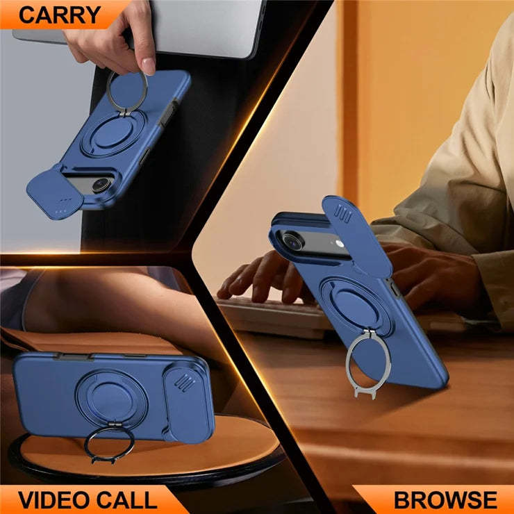 iPhone Air Magnetic Case Ring Kickstand Slide Camera Cover TPU PC Hybrid Phone Shell - Blue