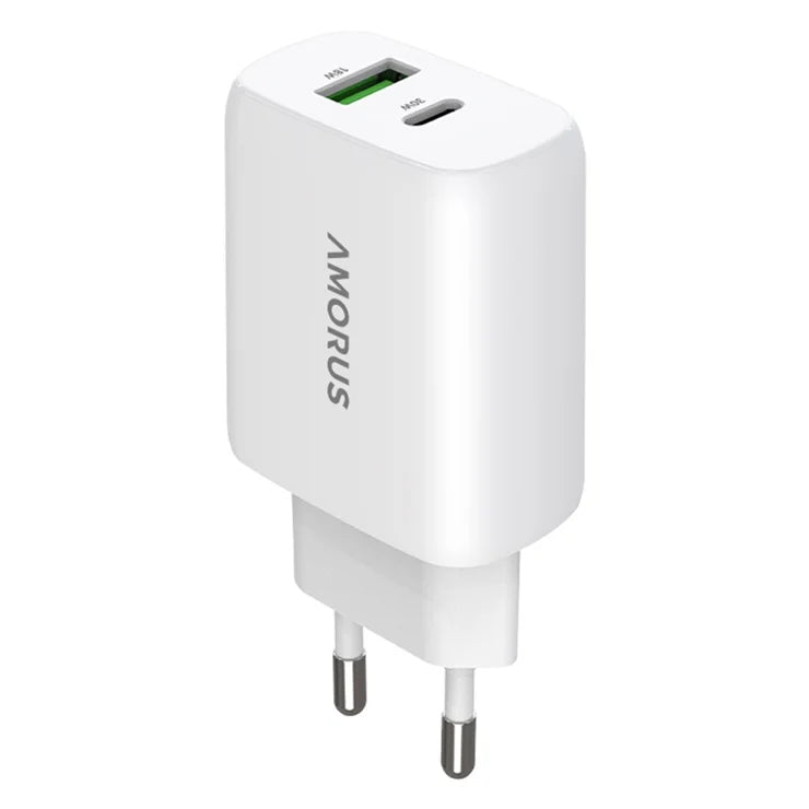 AMORUS PD 30W Type-C + QC 18W USB-A kaksiporttinen GaN-virtalähde, pikalatausseinälaturi puhelimelle ja tabletille – EU-pistoke