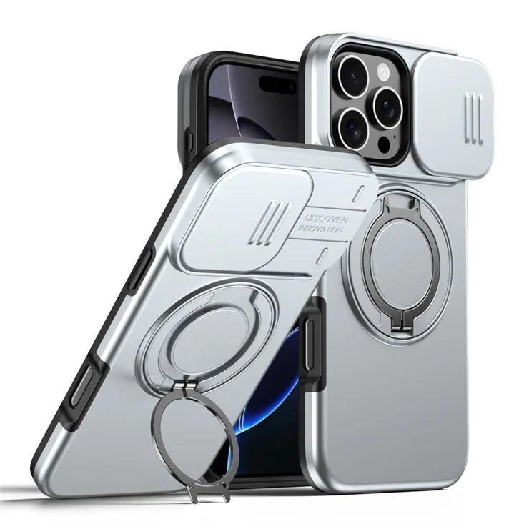 iPhone 16 Pro Cover Magnetisk Cover Ring Støtteben Skydbart Kameralåg TPU PC Hybrid Telefoncover - Sølv