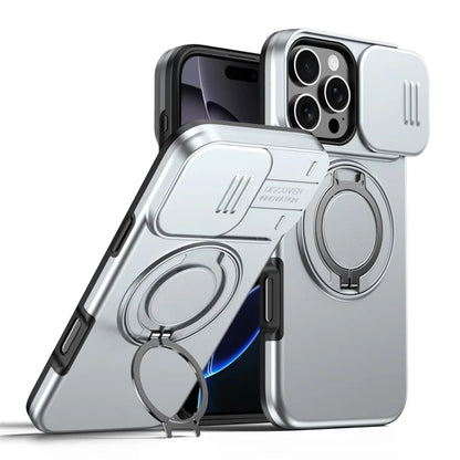 iPhone 16 Pro Cover Magnetisk Cover Ring Støtteben Skydbart Kameralåg TPU PC Hybrid Telefoncover - Sølv