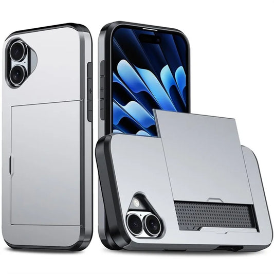 AMORUS til iPhone 16 cover med skydbar kortholder PC TPU mobilcover - Grå