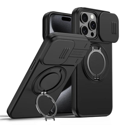 iPhone 15 Pro Max Magnetic Case Ring Kickstand Slide Camera Cover TPU PC Hybrid Phone Shell - Black