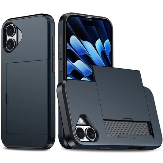 AMORUS Cover til iPhone 16 med skydbar kortholder, PC TPU-bagcover – Navy Blue