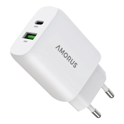 AMORUS PD 30W Type-C + QC 18W USB-A kaksiporttinen GaN-virtalähde, pikalatausseinälaturi puhelimelle ja tabletille – EU-pistoke