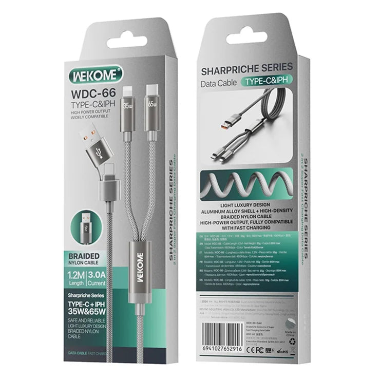 WEKOME WDC-66 USB / Type-C til Type-C / iP Kabel 1.2m 3A 65W Superhurtig Opladning Datasynkroniseringskabel - Grå