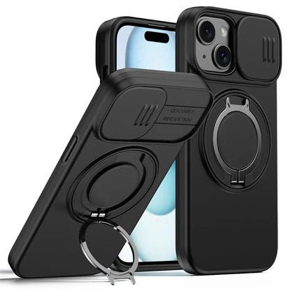 iPhone 15 Plus  /  14 Plus Ring Kickstand Slide Camera Cover TPU PC Hybrid Phone Shell - Black