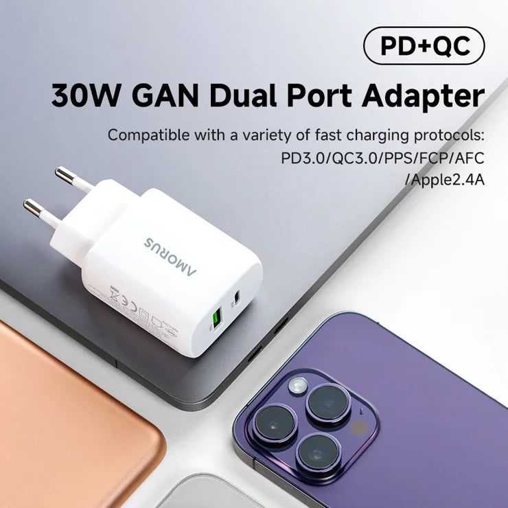 AMORUS PD 30W Type-C + QC 18W USB-A kaksiporttinen GaN-virtalähde, pikalatausseinälaturi puhelimelle ja tabletille – EU-pistoke