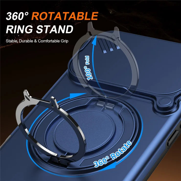 iPhone 17 Pro Max Magnetic Case Ring Kickstand Slide Camera Cover TPU PC Hybrid Phone Shell - Blue