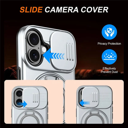 iPhone 17 Case Magnetic Case Ring Kickstand Slide Camera Cover TPU PC Hybrid Phone Shell - Grey