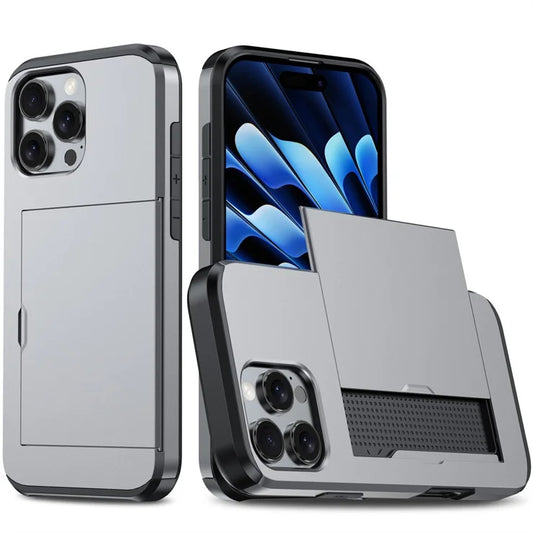 AMORUS Til iPhone 16 Pro Cover med Skydbart Kortholder PC TPU Telefon Bagcover - Grå