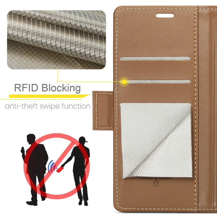 CASEME Samsung Galaxy S26+ -suojakuori, 023-sarjan RFID-suojattu, kiiltävä jalustallinen puhelinkuori – ruskea