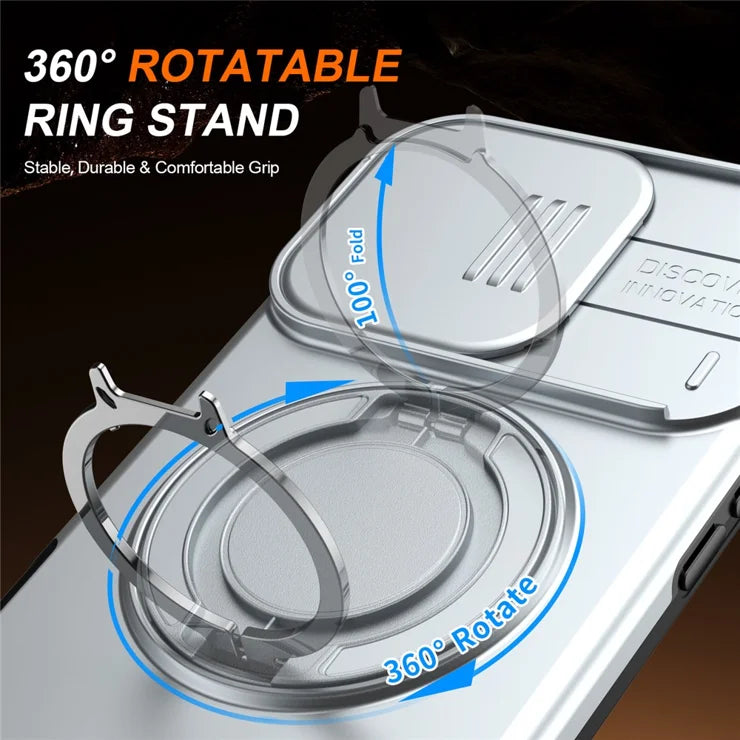 iPhone 16 Pro Cover Magnetisk Cover Ring Støtteben Skydbart Kameralåg TPU PC Hybrid Telefoncover - Sølv