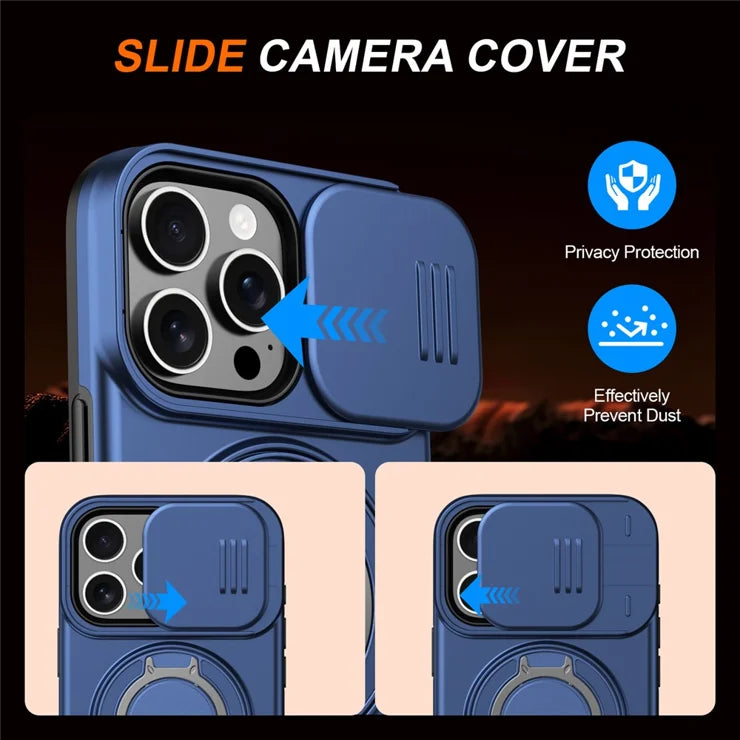 iPhone 16 Pro Case Magnetic Case Ring Kickstand Slide Camera Cover TPU PC Hybrid Phone Shell - Blue