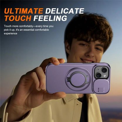 iPhone 15 Case Magnetic Case Ring Kickstand Slide Camera Cover TPU PC Hybrid Phone Shell - Purple