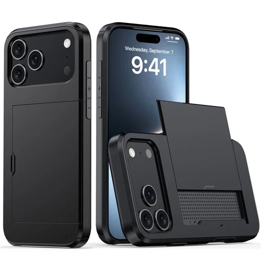 AMORUS til iPhone 17 Pro cover med skydende kortholder pc tpu telefon bagcover - sort