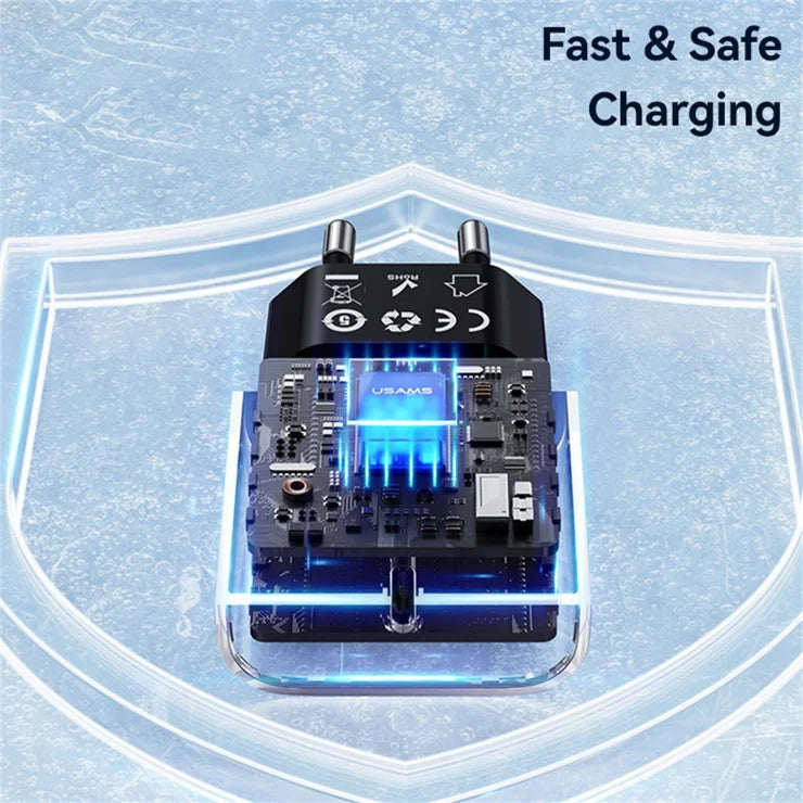 USAMS CC317 T65 33W Lynlader til iPhone 8-16-serien Dual Ports USB-A + USB-C GaN Strømadapter - EU Stik / Sort