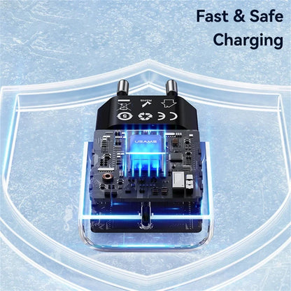 USAMS CC317 T65 33W Lynlader til iPhone 8-16-serien Dual Ports USB-A + USB-C GaN Strømadapter - EU Stik / Sort