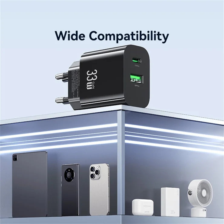 USAMS CC317 T65 33W Lynlader til iPhone 8-16-serien Dual Ports USB-A + USB-C GaN Strømadapter - EU Stik / Sort