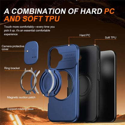 iPhone 17 Case Magnetic Case Ring Kickstand Slide Camera Cover TPU PC Hybrid Phone Shell - Blue