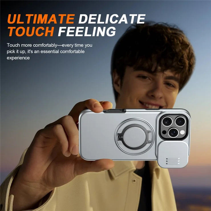 iPhone 16 Pro Cover Magnetisk Cover Ring Støtteben Skydbart Kameralåg TPU PC Hybrid Telefoncover - Sølv