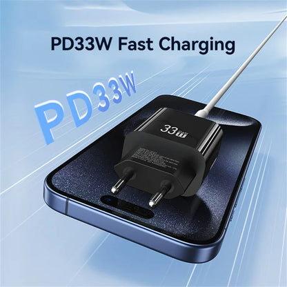 USAMS CC317 T65 33W Lynlader til iPhone 8-16-serien Dual Ports USB-A + USB-C GaN Strømadapter - EU Stik / Sort