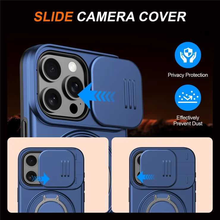 iPhone 15 Pro Max Magnetic Case Ring Kickstand Slide Camera Cover TPU PC Hybrid Phone Shell - Blue