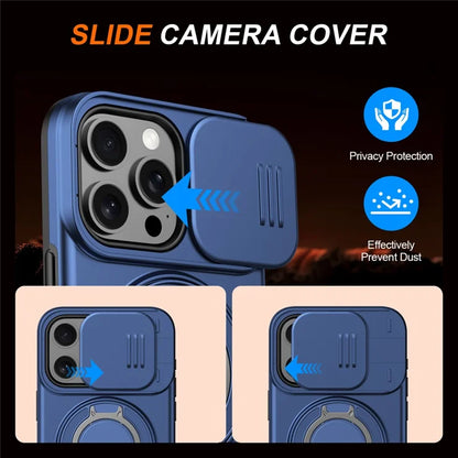 iPhone 15 Pro Max Magnetic Case Ring Kickstand Slide Camera Cover TPU PC Hybrid Phone Shell - Blue