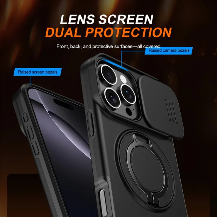 iPhone 16 Pro Case Magnetic Case Ring Kickstand Slide Camera Cover TPU PC Hybrid Phone Shell - Black