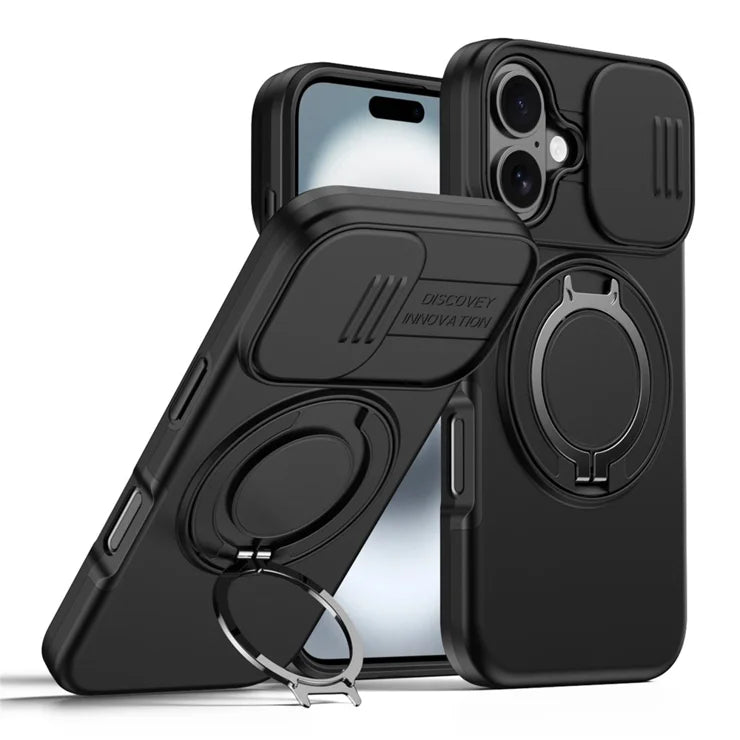 iPhone 17 Case Magnetic Case Ring Kickstand Slide Camera Cover TPU PC Hybrid Phone Shell - Black